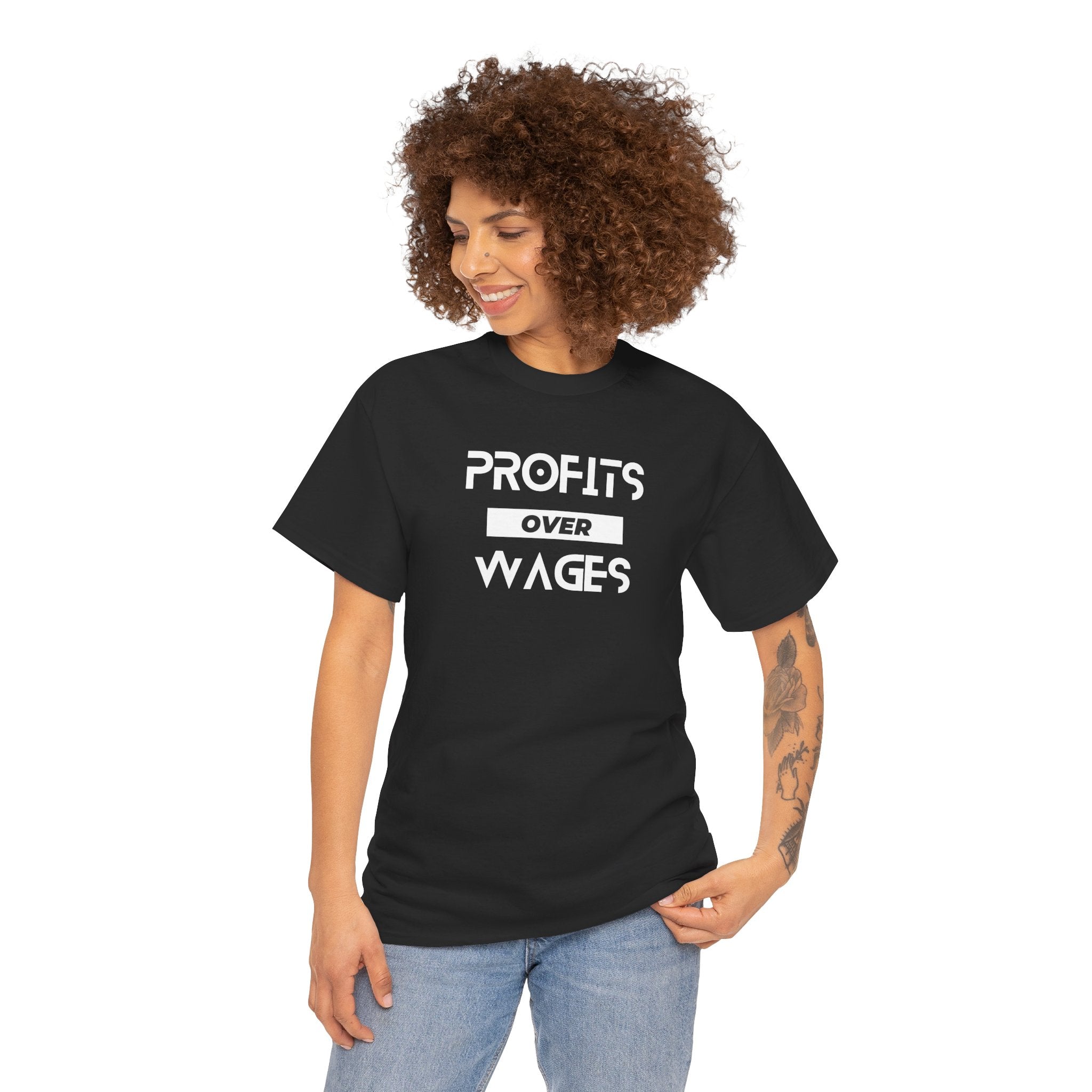 Profits Over Wages, dark colored shirt, Unisex Heavy Cotton Tee